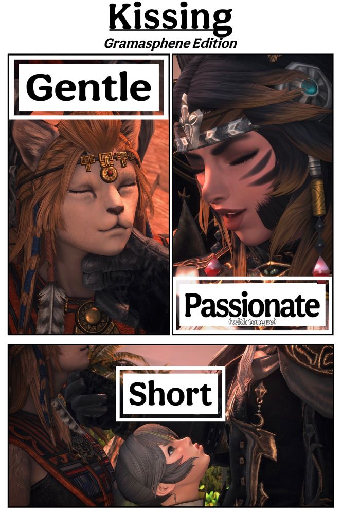 A three panel comic titled "Kissing — Gramasphene Edition". Top left is Wuk Lamat captioned "Gentle" puckering up with Griselda's hand lightly pushing up her chin with two fingers. Top right is Gris titled "Passionate (with tongue)" going in with their mouth slightly opened. Bottom panel is Sphene titled "Short" doing her best to close the height gap between the two with her lips comically puckered up, face flushed & a tear coming out her eye in frustration.