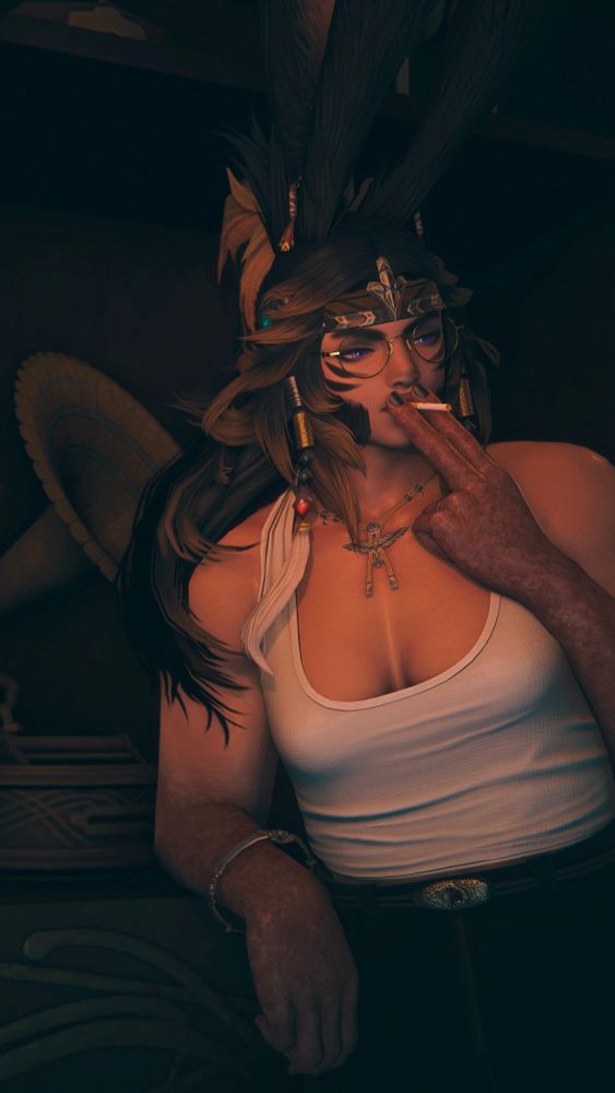 Griselda in low light leaned against a bar with an orchestrion behind them smoking a cigarette in a white tank & high waisted trousers with their hair tied back.