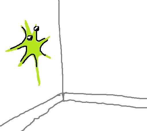 ms paint drawing of little green alien splatted on the wall