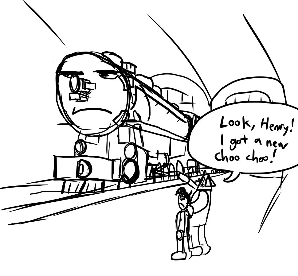 Hasty sketch of a shot similar to one in The Brave Locomotive. The Barron and Henry are standing next to a Union Pacific TTT-6 locomotive. The Barron excitedly says "Look, Henry! I got a new choo choo!" to an unamused Henry.