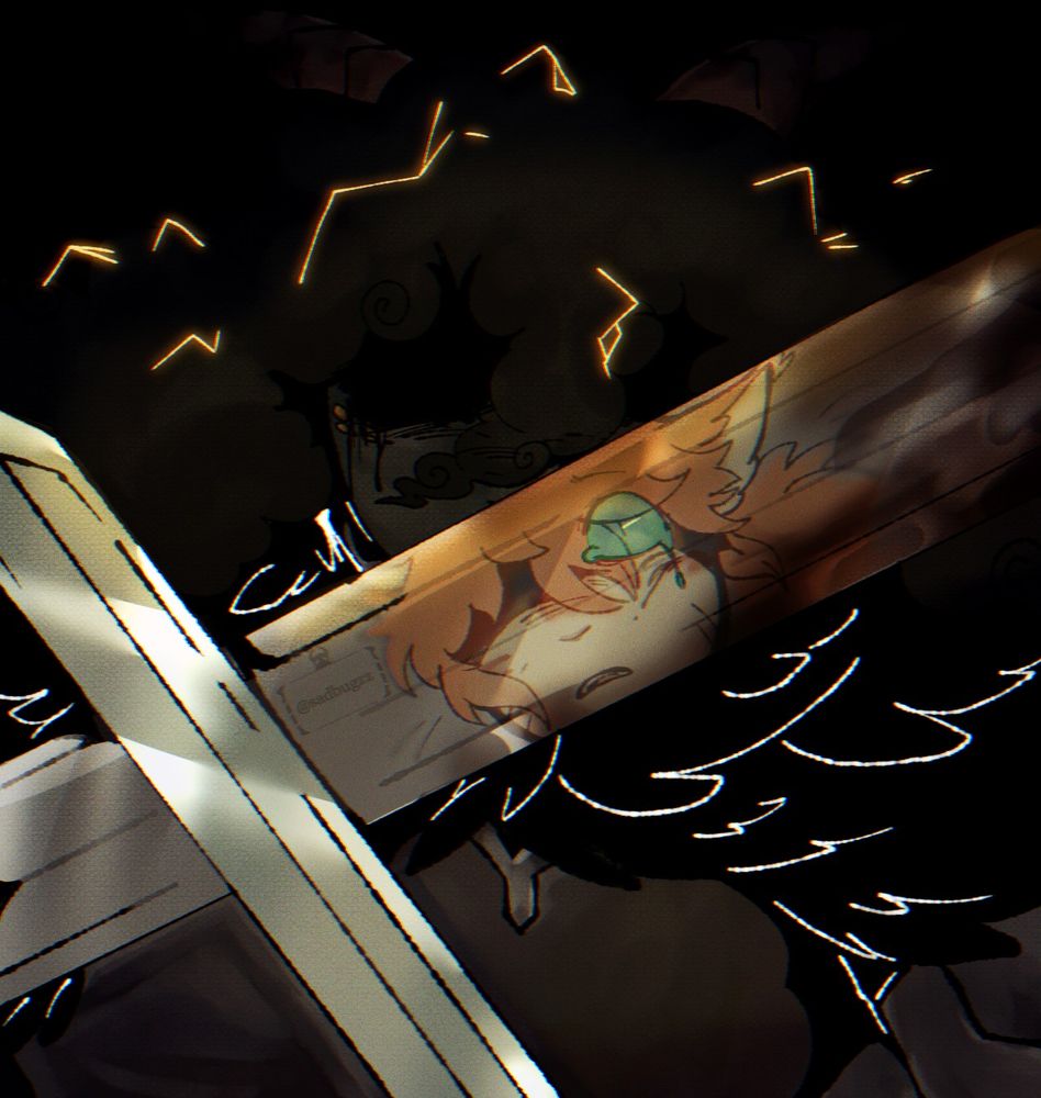 Two characters dueling with swords, while one of their reflections showed in their opponents sword.
These are my ocs.

Billie is the one behind the larger sword, their a sheep with cloud like hair that reflects their emotions, rn its a dark cloud with lightning, their mind is clouded

Their lover/best friend is the other person, a cat with one eye, their reflection shows them as horrified because this is the first time in months that they've seen Billie. 
Their name is sylkkä


Basically lore context: I changed how billie and sylkkä/Yùzhào(a different oc) would reunite 

Essentially after the whole "oh shit you've been lying about who you are for the past months(or years idk I haven't decided yet)" incident, billie and their party separate.

And on billie's side, they get found by an very powerful fallen angel, known as the "raven mother" and basically gets offered a deal

Join me and you'll get everything you could ever want. 

And billie being very not mentally ok accepts

The raven mother essentially puts them in their own mind, in a fake reality where nothing went wrong.
Billie never got cursed, billie never lost their family, billie went on to live a normal life
But this also meant that billie never met sylkkä or Yùzhào .

And on the outside, the raven mother was possessing billie's body to further her own goals.

Sylkkä and Yùzhào got in the way, and possessed billie engaged in a battle with them