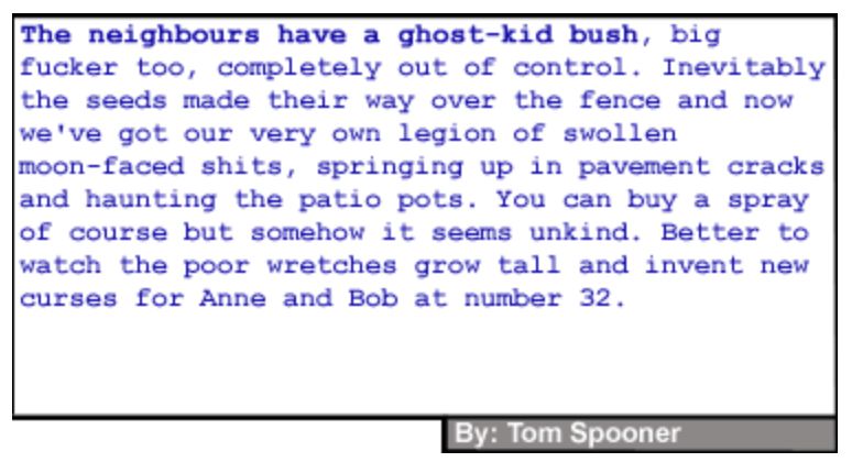 Image of short story text in a blue font, reads as follows: The neighbours have a ghost-kid bush, big fucker too, completely out of control. Inevitably the seeds made their way over the fence and now we've got our very own legion of swollen moon-faced shits, springing up in pavement cracks and haunting the patio pots. You can buy a spray of course but somehow it seems unkind. Better to watch the poor wretches grow tall and invent new curses for Anne and Bob at number 32.

By: Tom Spooner