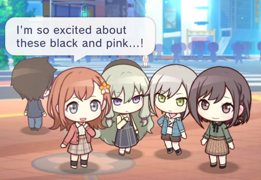 pjsk area convo with minori, nene, shiho, and ena. in the preview text minori is saying "I'm so excited about these black and pink...!" and it gets truncated because what she's actually saying is too long for the preview speech bubble
