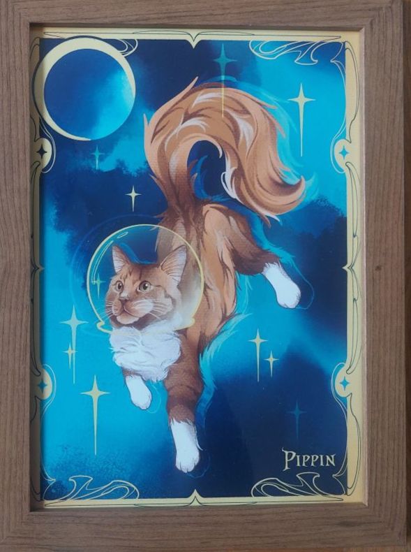 Art of Pippin, a red and white tabby in space
