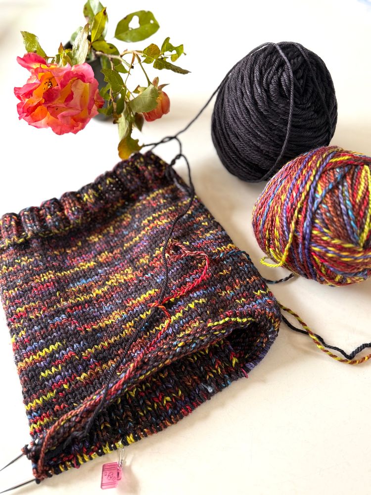 A knitting WIP on a table with two balls of yarn attached. one ball is brown rainbow twisted and the other ball is black. The project is a dog sweater knit with the two yarns held together. There is also a late blooming rose in a small vase. 