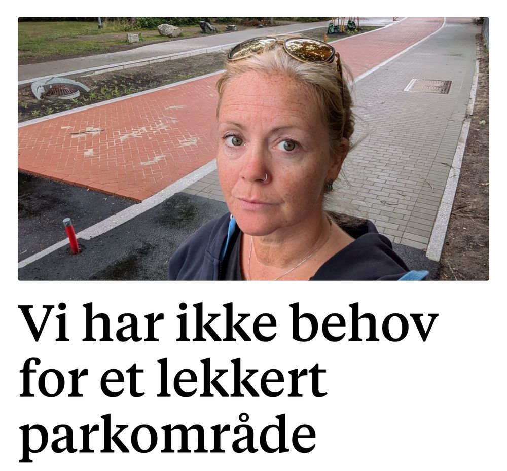 [Bilde av dame forran fin steinbelagt vei og fortau]

Tittel: Vi har ikke behov for et lekkert parkområde