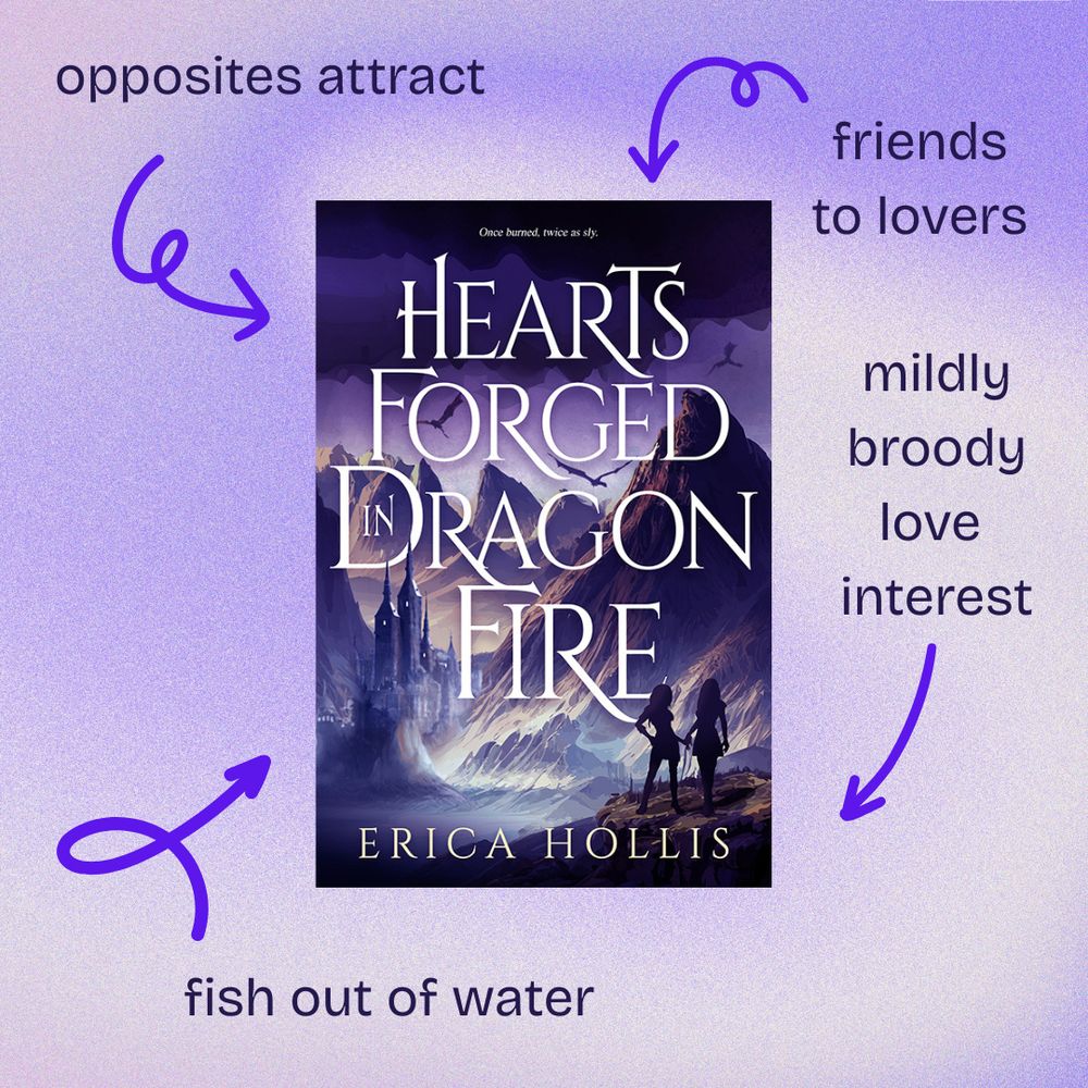 A promotional image for "Hearts Forged in Dragon Fire" by Erica Hollis. The book's cover is shown on top of a lavender background. Purple arrows point at the cover, each with text listing a different trope. The tropes listed are: "fish out of water", "mildly broody love interest", "friends to lovers", and "opposites attract".