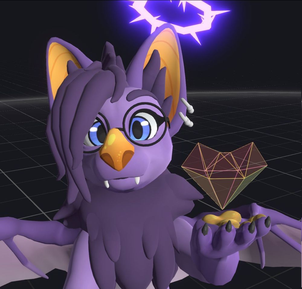 vr screenshot. a cute little bat demon with glasses and a glowing spiky halo offers you a low-poly wireframe heart 💜