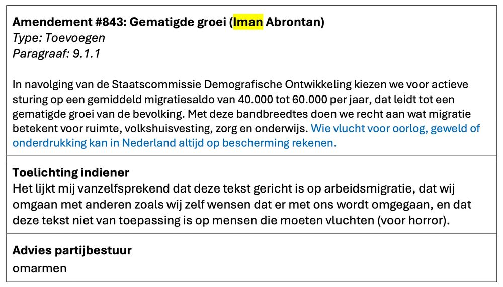 Programmapunt: In navolging van de Staatscommissie Demografische Ontwikkeling kiezen we voor actieve sturing op een gemiddeld migratiesaldo van 40.000 tot 60.000 per jaar, dat leidt tot een gematigde groei van de bevolking. Met deze bandbreedtes doen we recht aan wat migratie betekent voor ruimte, volkshuisvesting, zorg en onderwijs.

Hieraan is dit amendement toegevoegd: Wie vlucht voor oorlog, geweld of onderdrukking kan in Nederland altijd op bescherming rekenen.