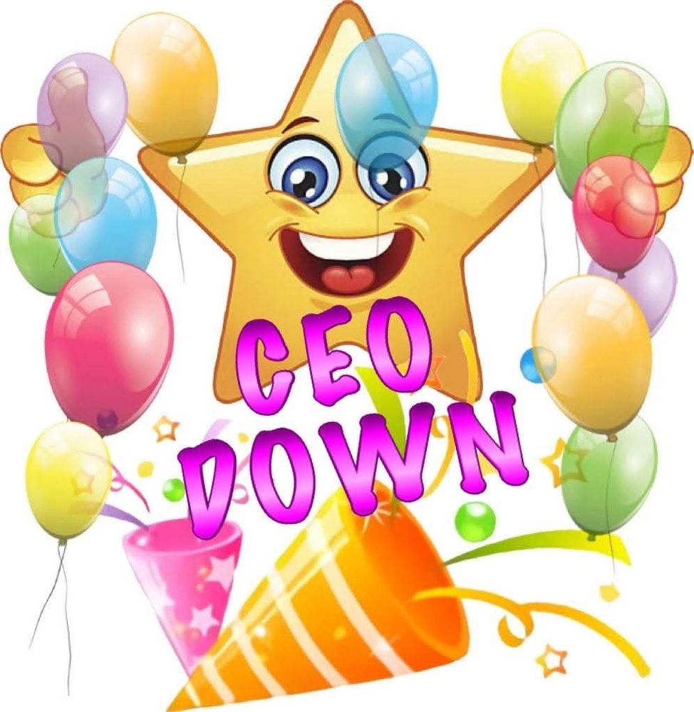 estrela sorridente com balões de festa e cornucopias e um texto em fonte divertida e cor de rosa escrito ceo down