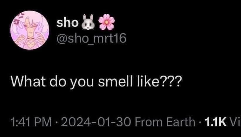 Image is a screenshot of a text post by 'Sho' (sho_mrt16) that says 'What do you smell like??? 