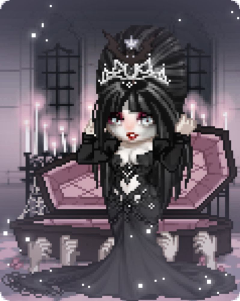 Image is a pixel avatar cosplay depiction of Elvira. The character is wearing a form hugging long fishtail black dress with cutouts, Elvira's trademark big long black hair, red lips, heavy goth makeup, and a sparkly prom queen tiara with a bat on top. She stands with her hands raised slightly in front of a black, grey, and soft pinky mauve candlelit church, with a plush open coffin behind her, and spoopy hands reaching up out of the ground. 
