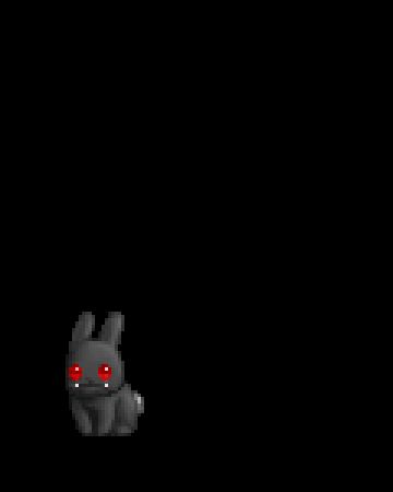 Gif of a bouncy little black bunny character with red eyes and vampy fanged teeth 