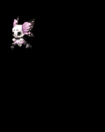 Gif of a little flying white skull creature with pastel pinky purple and black fluttering butterfly wings on its head, it has little arms and legs and appears to be wearing a black, pinky/purple, and white dress. 