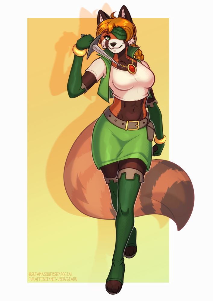 Digital art of a female anthro red panda dressed in green and holding up a dagger, walking towards the viewer