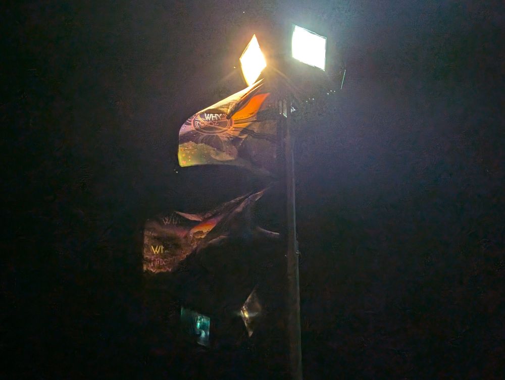 Two flags underneath a light pole 