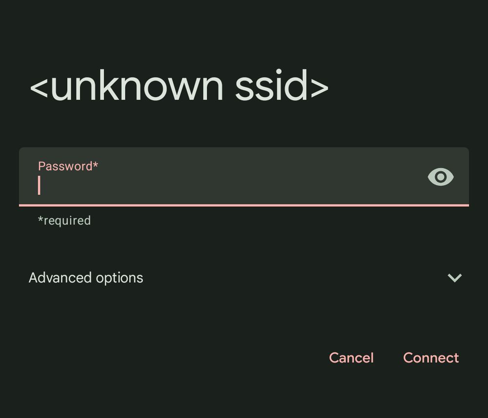 Android WiFi connection dialogue with "<unknown SSID>"