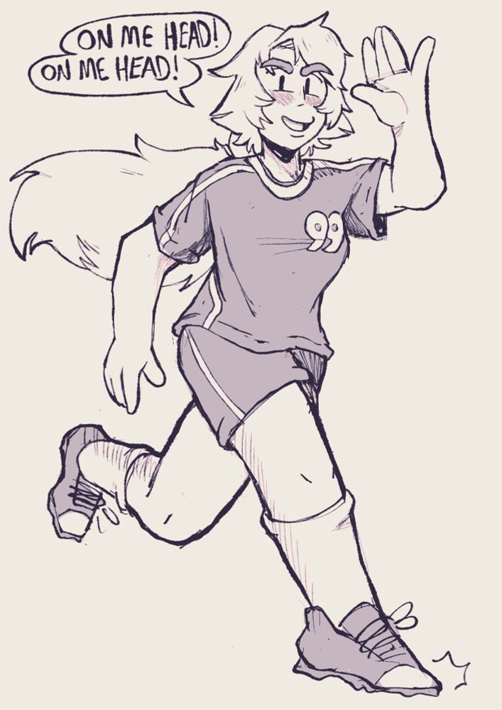 Lillie from the game Void Stranger dressed in football kit, shouting "on me head! on me head!" in the direction of the viewer.