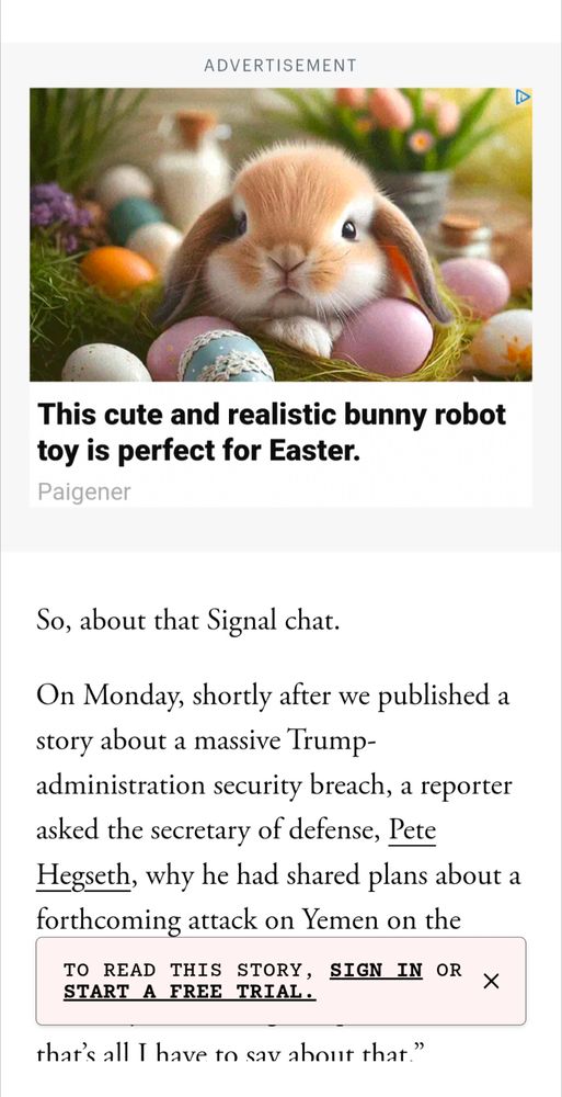 An article in The Atlantic with an AI generated advert for "This cute and realistic bunny robot toy is perfect for Easter"