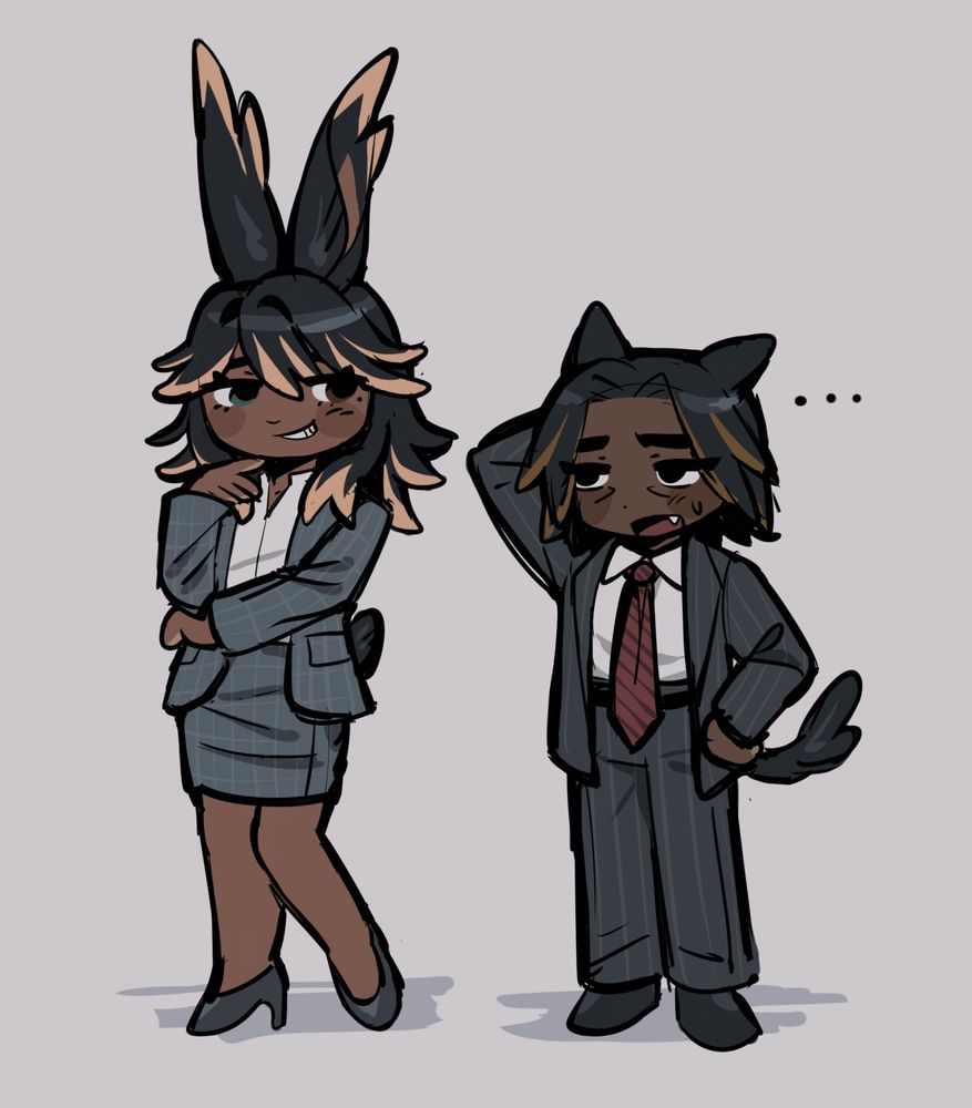 Chibi-style sketches of a Viera and Miqo'te in business attire. The Viera is smirking at the Miqo'te, who doesn't know what to make of their expression. An ellipsis is written next to the Miqo'te. 