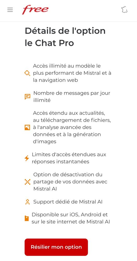 Détails de l'option le Chat Pro de Mistral AI sur l'espace client Free Mobile. 