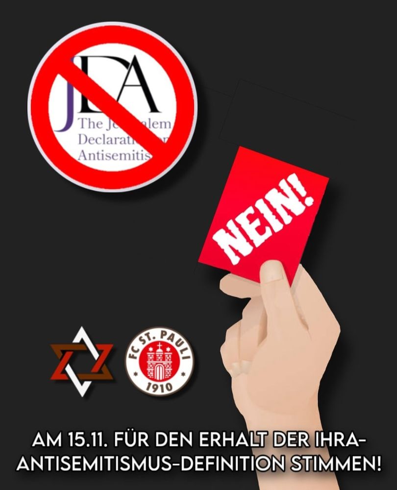 Eine Hand zeigt eine Rote Karte. Darüber das Logo der JDA. Darunter als Text: Am 15.11. für den Erhalt der IHRA Antisemitismus Definition stimmen!