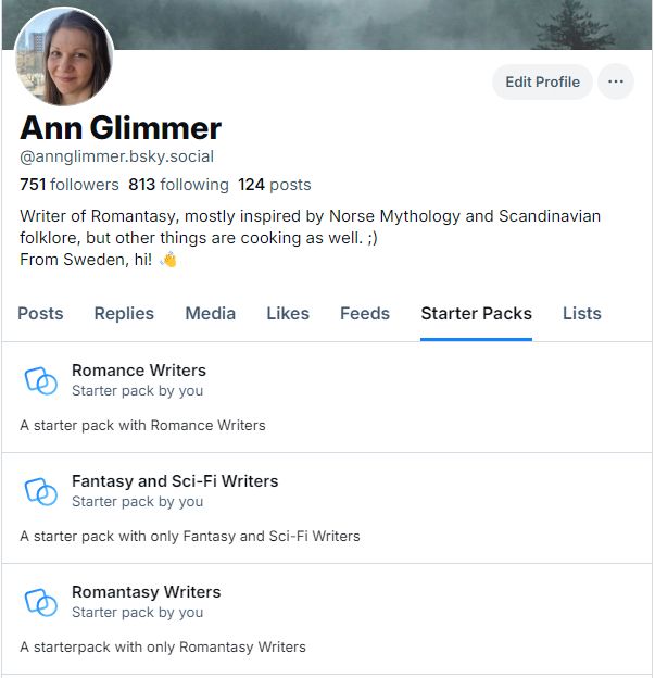 A picture of Ann Glimmer's Blue Sky profile showing the Starter Packs tab