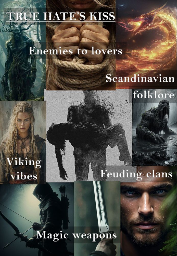 A mood board with the title TRUE HATE'S KISS with images giving viking vibes, magic weapons, feuding clans, Scandinavian folklore, Enemies to lovers