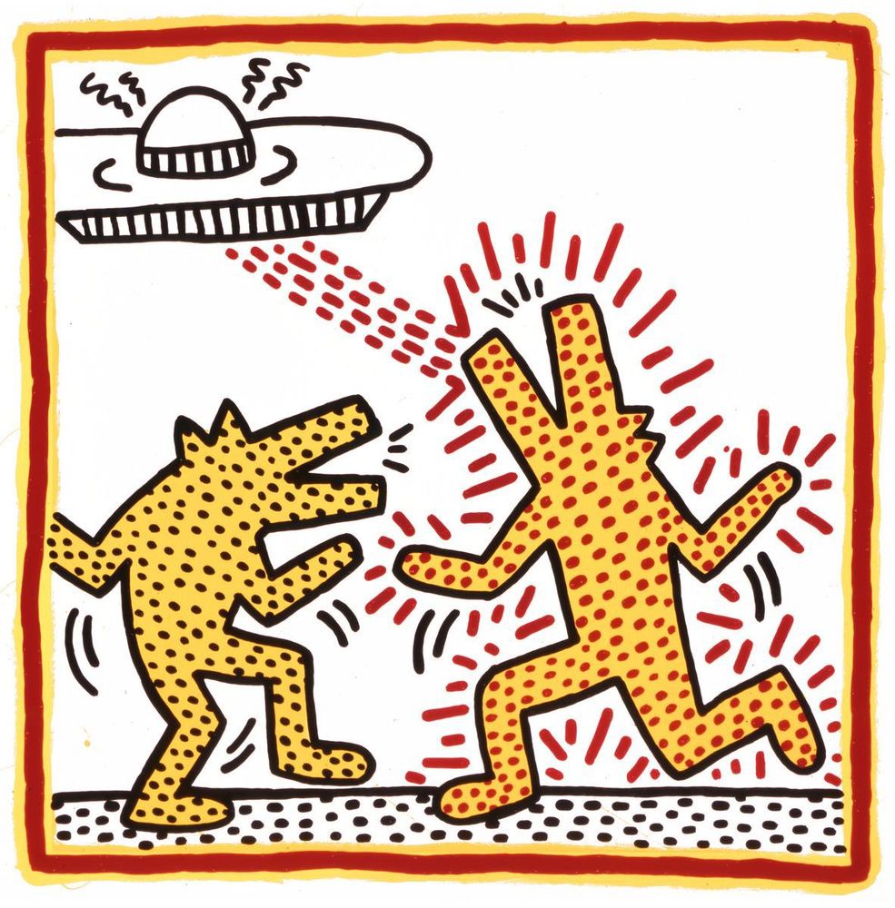 An artwork by Keith Haring. Yellow wolf shaped figures covered in red coloured dots. A spaceship hovers above and zaps one of the wolves