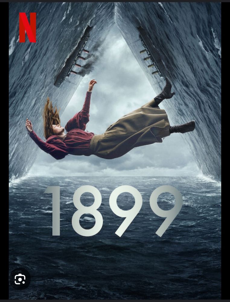 A lady is falling from the sky wearing a Victorian dress. Water forms a triangle and the two vertical sides of the triangle have matching ocean liners on them.