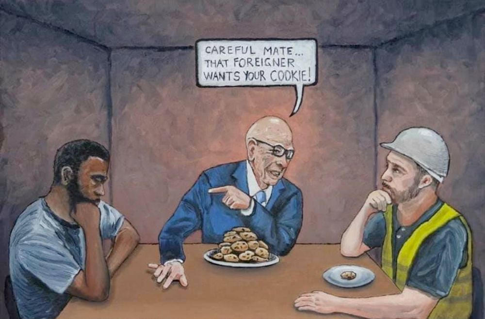 Cartoon of Rupert Murdoch with a large plate of cookies telling someone with a single cookie that a foreigner wants that cookie.