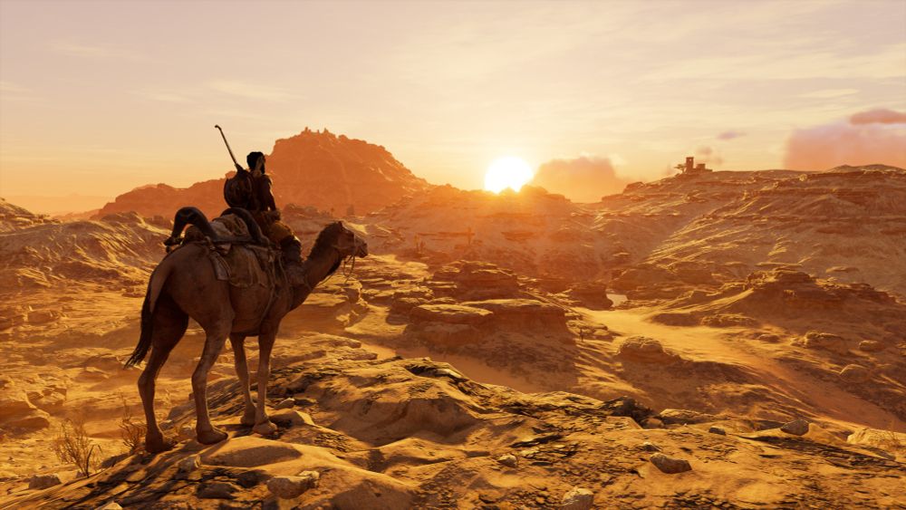 Sunset and rest for Bayek of Siwa in the Isolated desert of Egypt proximate to Camp Xeros after a day of hunting Romans and Ptolomies ~47 BCE. Useful practice I hope for hunting orcs and rashists in Syria and Ukraine. #acorigins #FreeSyria #Aleppo