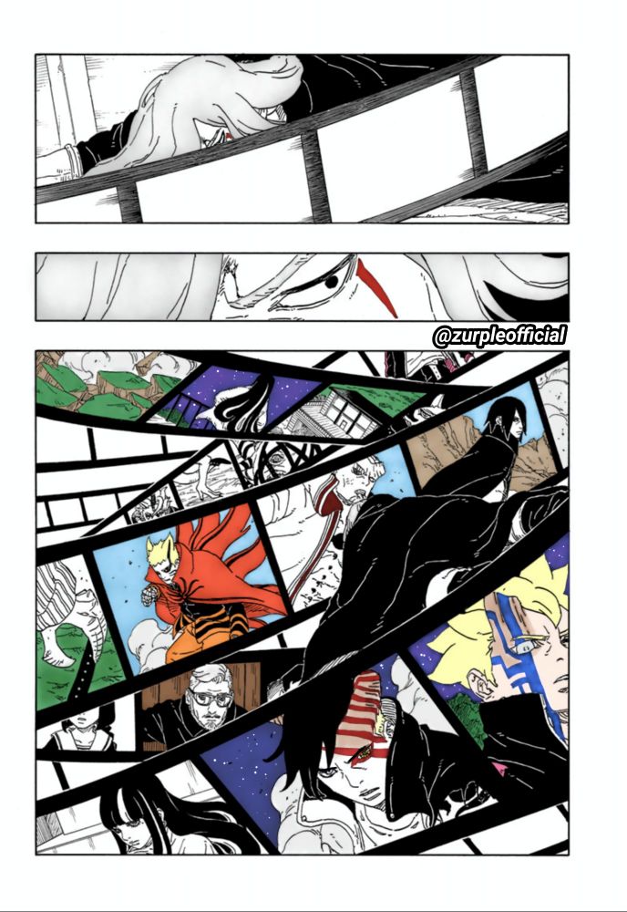 Koji seeing multiple timelines, a colored panel from Boruto: Two Blue Vortex.
