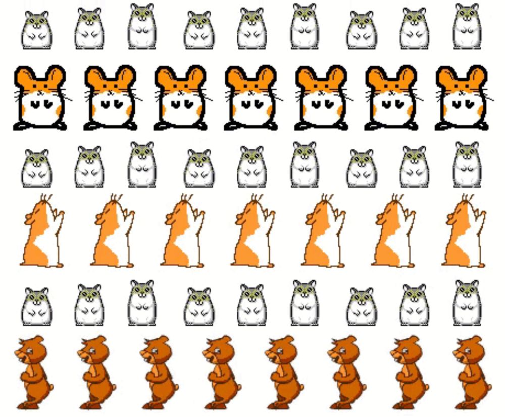 a bunch of hamsters and bears are lined up in a row on a white background