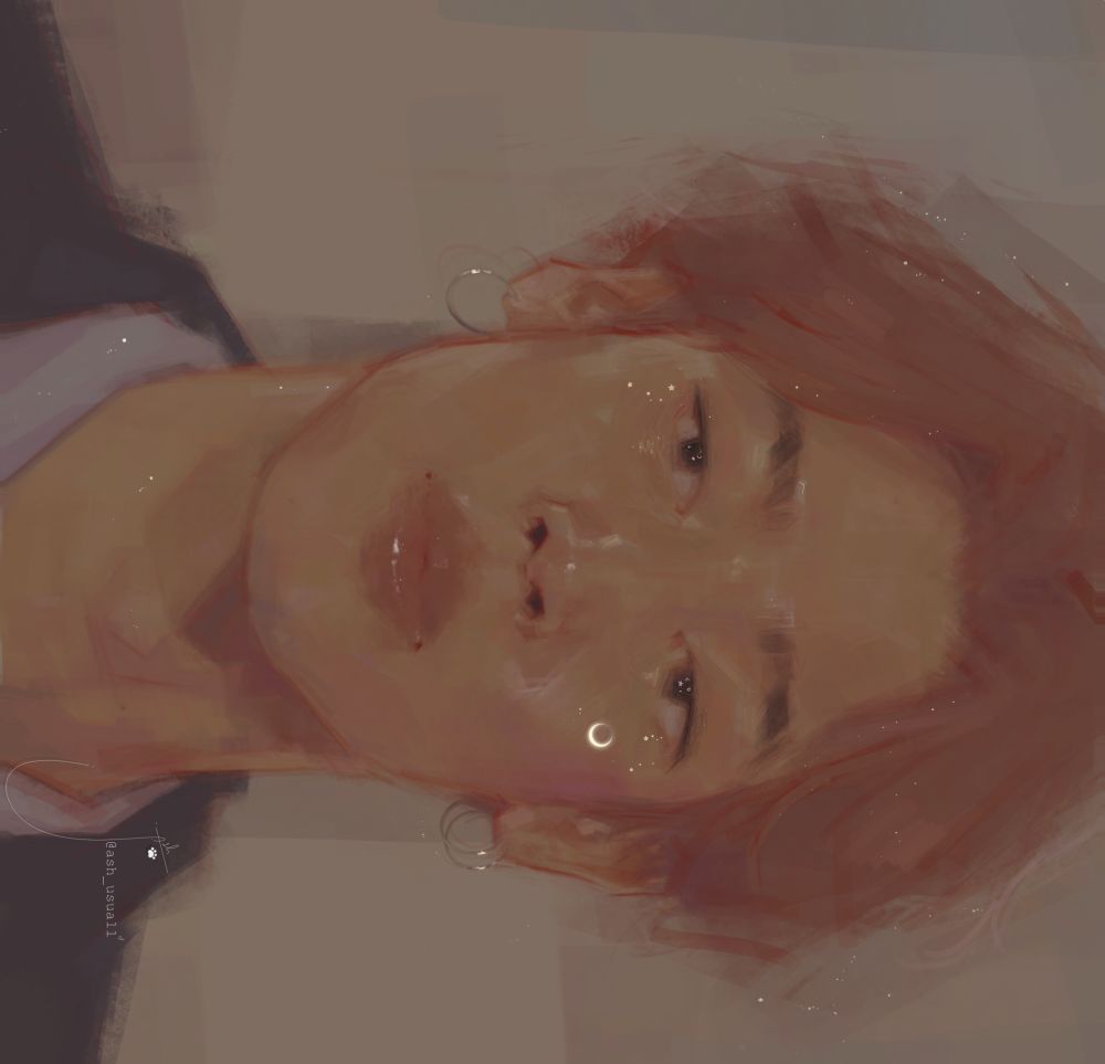 Digital portrait painting of Jimin from BTS. He has warm toned almost pinkish hair with a middle part, he has a black suit and small hoop earrings on and theres a small moon on his left cheek.
The drawing mostly uses warm tones and soft brushwork with prominent reds for the line-work and definition.