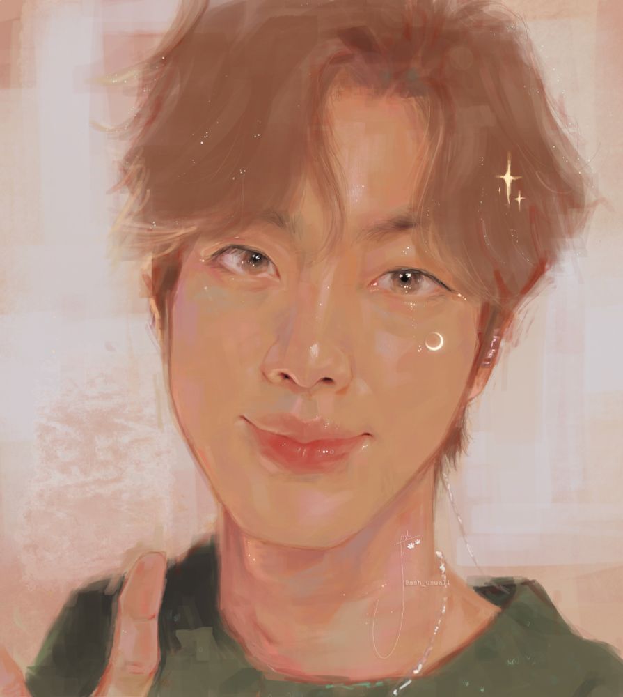 Digital portrait painting of Jin from BTS. He has soft brown hair with a slight side part, he has a green sweater on, he is doing a peace sign with a small smile and he has a small moon on his left cheek. 
This painting uses a soft and warm pastel esque colour palette with soft brushwork.