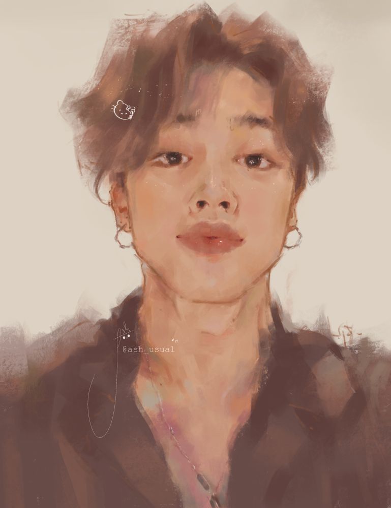 Digital portrait painting of Jimin from BTS. He has dark brown hair with a middle part and bangs falling over the right side of his face, He has a greyish button down shirt on with the top buttons undone, He has two small hoop earrings and a thin chain necklace on and He has a small hello kitty clip in his bangs.
The drawing mostly uses a warm and soft colour palette with soft brushwork.