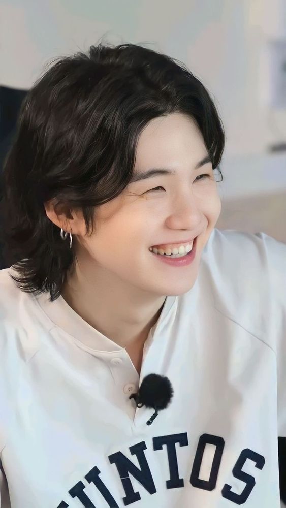 Yoongi wearing White and happy smiling...