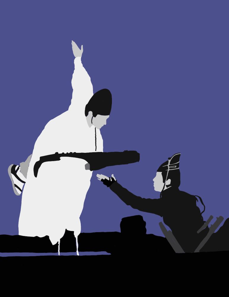 Half-rendered digital drawing of a still from the movie YinYang Dream Master. Two men in Chinese courtly garments are kung fu fighting over a lute. The drawing is not complete, it is only blocked-in colors in gray tones to check for color value. But it looks kind of cool.