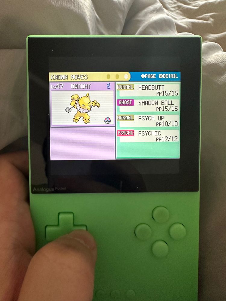 Shadow Ball is the only important move here since that’s his job. Psychic is his STAB move, Headbutt for backup normal damage, and Psych Up is in case the enemy tries to get cute boosting its stats.