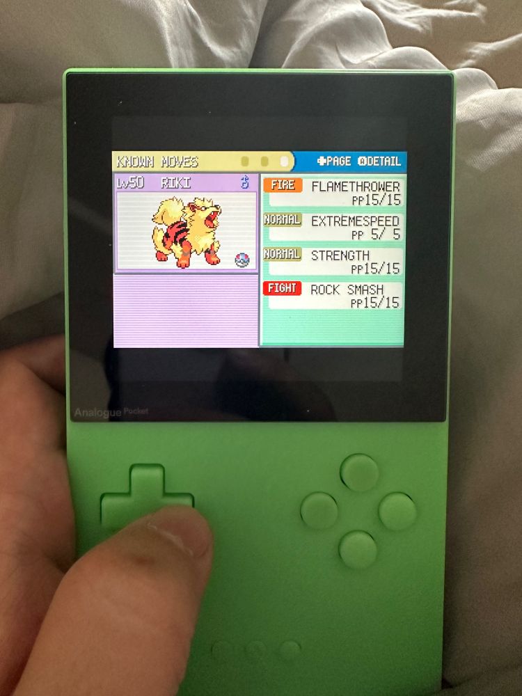 Almost entirely late game moveset, with Flamethrower coming in at level 49 as Growlithe and Extremespeed immediately after evolving into Arcanine. Strength is a decent normal HM move and Rock Smash is the only fighting type move in my team, but even a 20 power move does respectable damage with Arcanine’s attack stat.