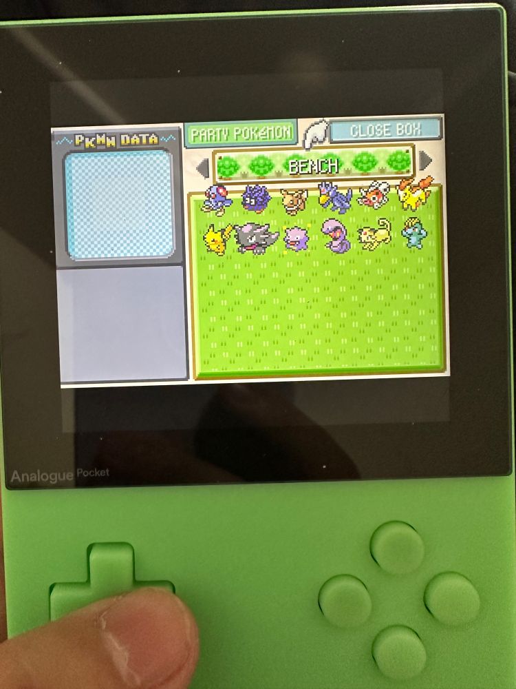 12 Pokémon were left on backup on the bench. Honorable mentions on the bench include Ayumu the Arbok, who did good work for me throughout the game by being immune to poison, and Lucky the Persian, who, as Meowth with the pickup ability, kept my war chest funded.