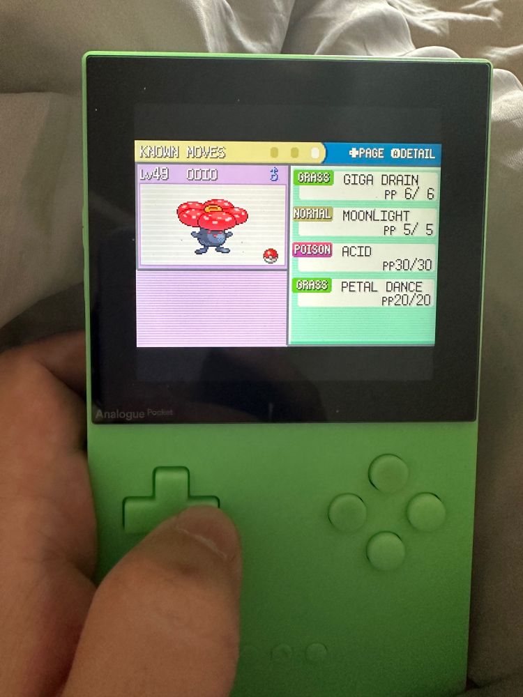 He was rocking Absorb all the way up to the Elite Four and that was somehow enough, but I did finally upgrade him to Giga Drain instead for better damage. Moonlight for additional sustain if needed (it was never needed). Acid as a backup STAB move if grass couldn’t finish the job, and Petal Dance, which only came well after his peak.