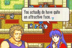 Lilina tells Gonzales he has an attractive face in Fire Emblem: Binding Blade.