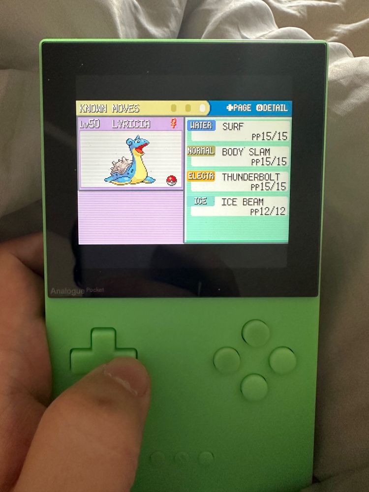 Surf for general STAB move, Body Slam for when nothing else is effective, Thunderbolt to go up against water types while resisting their attacks (namely countering Lorelei’s Lapras) and Ice Beam for STAB and destroying Lance.