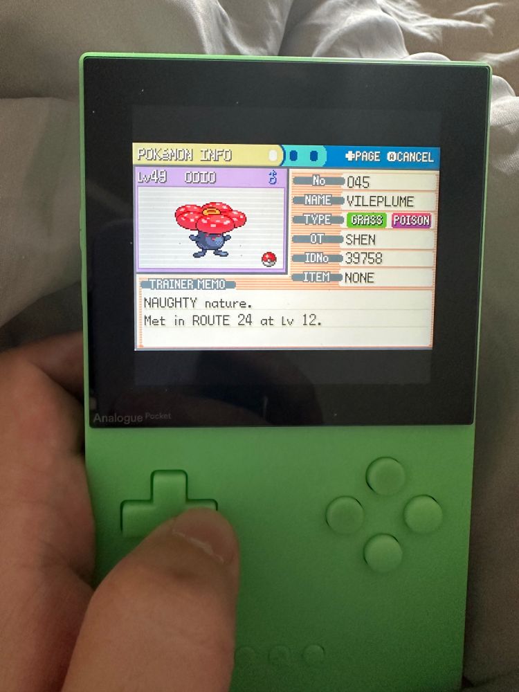 Odio the Vileplume (formerly Oddish and Gloom). Met on Route 24.