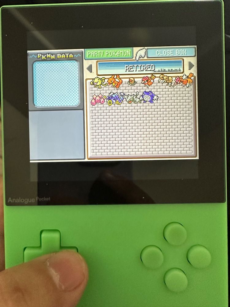 A proper send off to the 10 casualties of the run, notably including every flier in the game, so I was left biking back and forth between all of the towns by the endgame after my final flier, Rocky the Aerodactyl, unexpectedly took a critical Fire Blast to the face.