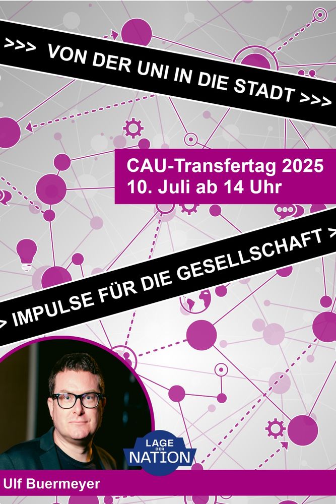 Plakat des Transfertags der CAU am 2025 

Oben Text: Von der Uni in die Stadt

Darunter: Impulse für die Gesellschaft

unten: Bild von Ulf Buermeyer mit Logo von Lage der Nation