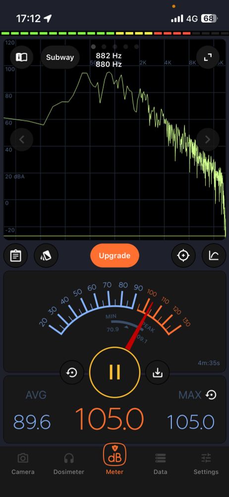 Decibel X screenshot showing 105dB(A) noise levels on the Northern Line / London Tube