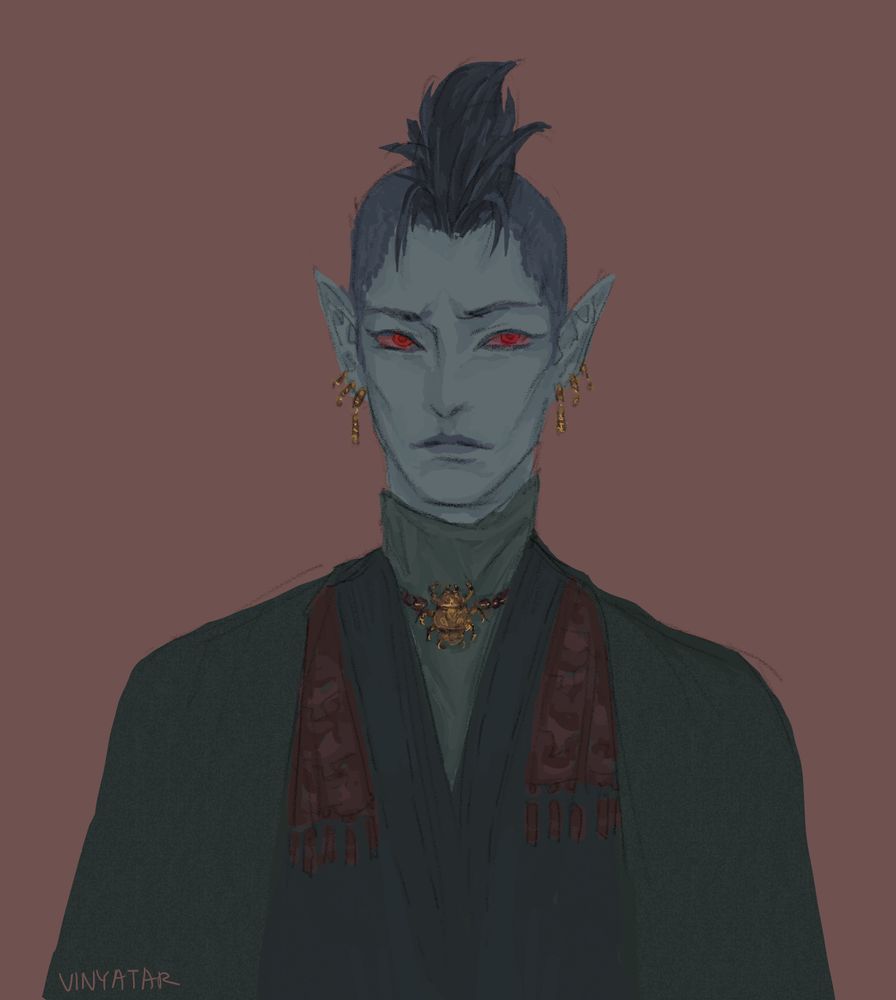 a dunmer with medium gray skin, red eyes, and black hair styled in a mohawk. he wears loose dark green and red robes with a golden scarab necklace and multiple bar-shaped earrings
